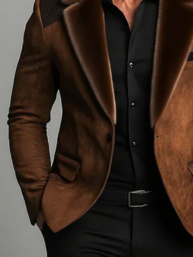 Men's Furry Lapel Collar Quilted Shoulders One Button Long Sleeve Suede Blazer