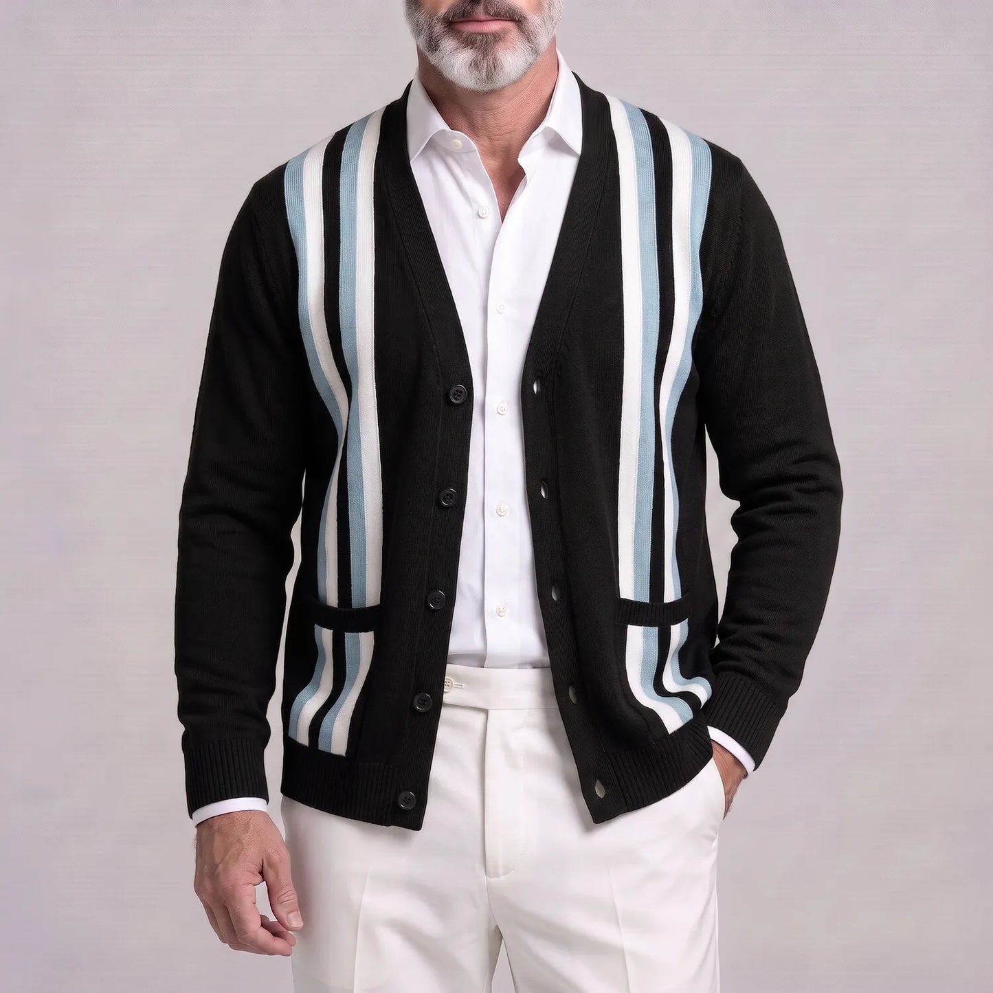 Men's Classic Contrast Striped V Neck Single Breasted Patch Pockets Knitted Cardigan