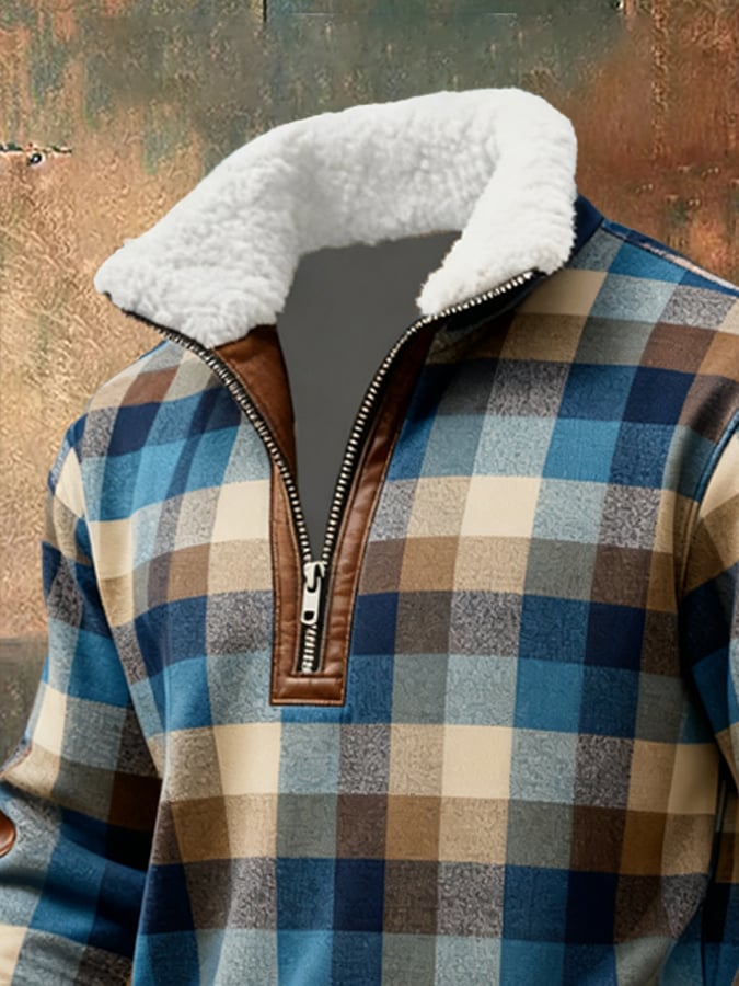 Men's Retro Distressed Color Block Print Casual Fur Collar Long Sleeve Sweatshirt