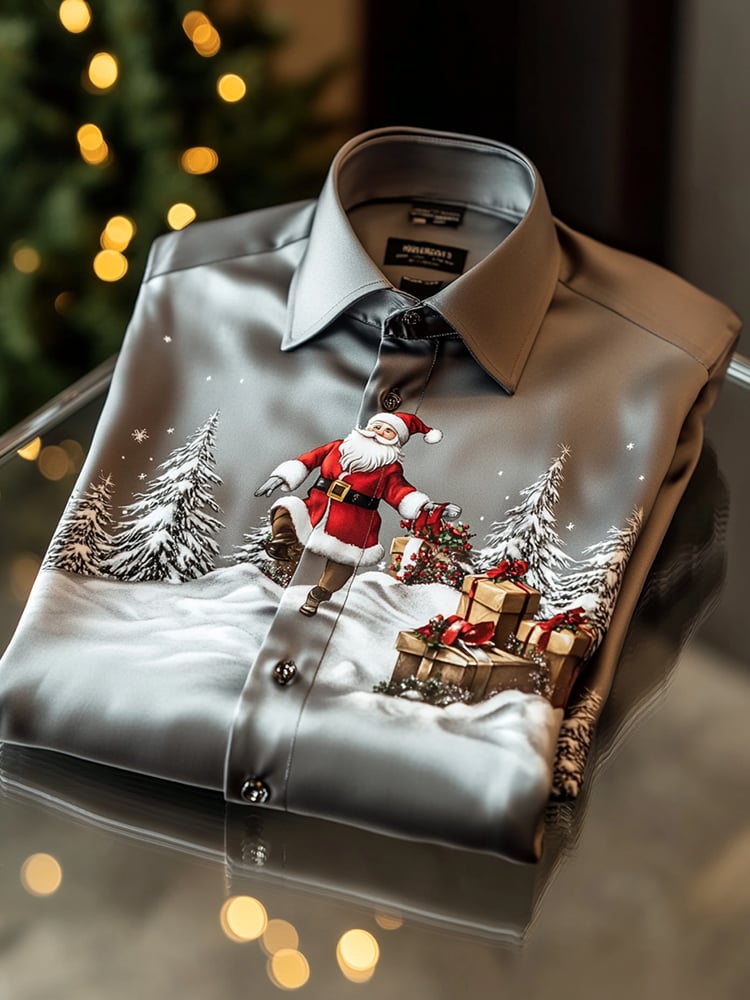 Men's Christmas Satin Luxe Long Sleeve Button Down Shirt
