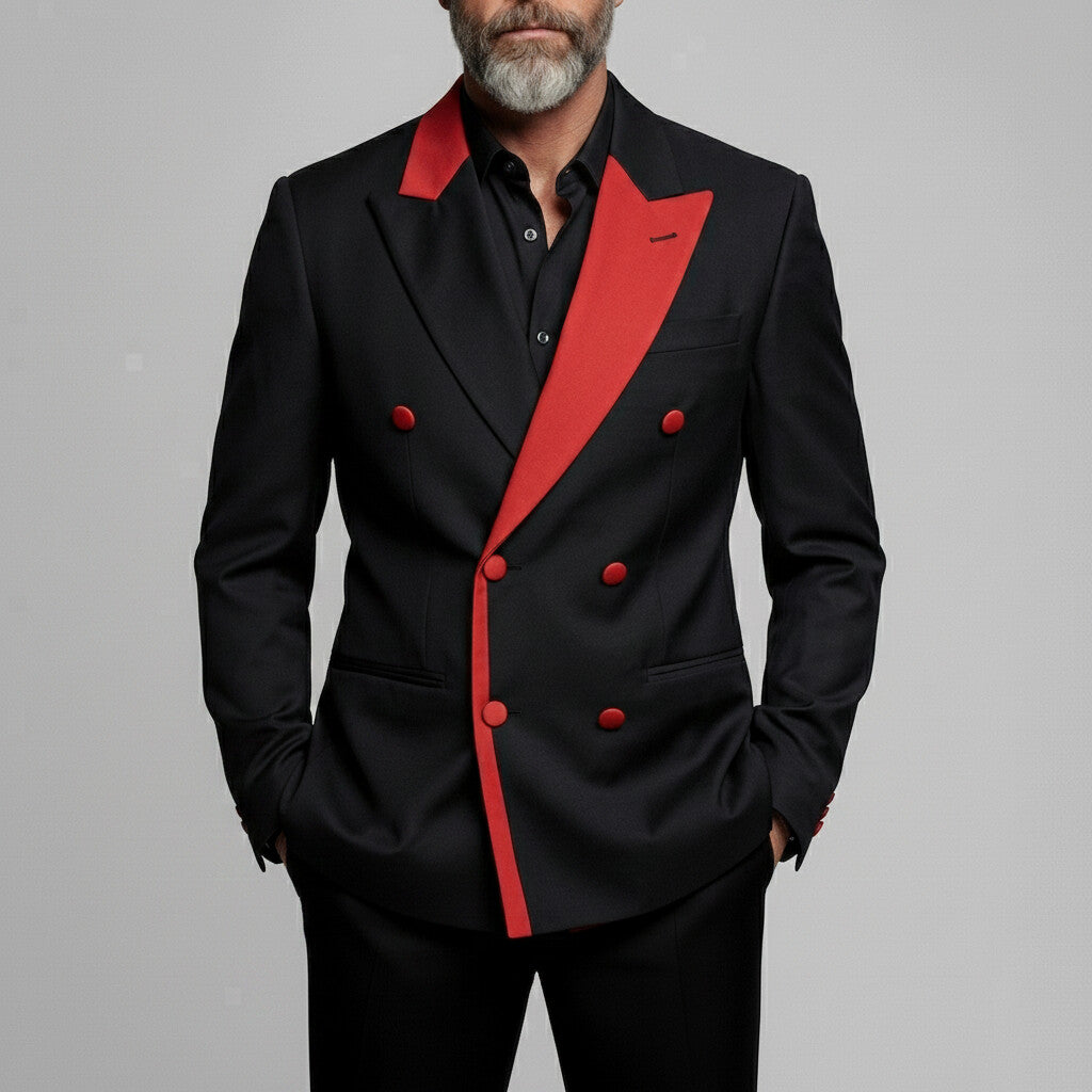 Men's Formal Black Contrast Peak Lapel Double-Breasted Welt Pocket Blazer
