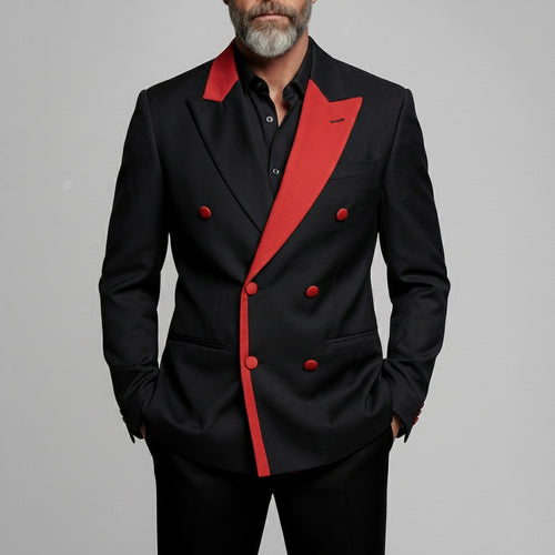 Men's Formal Black Contrast Peak Lapel Double-Breasted Welt Pocket Blazer