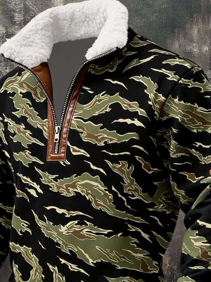 Men's Retro Distressed Color Block Camouflage Print Casual Fur Collar Long Sleeve Sweatshirt