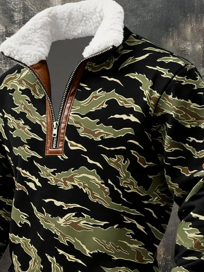 Men's Retro Distressed Color Block Camouflage Print Casual Fur Collar Long Sleeve Sweatshirt