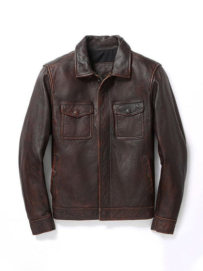 Men'S Vintage Distressed Casual Lapel Motorcycle Leather Jacket
