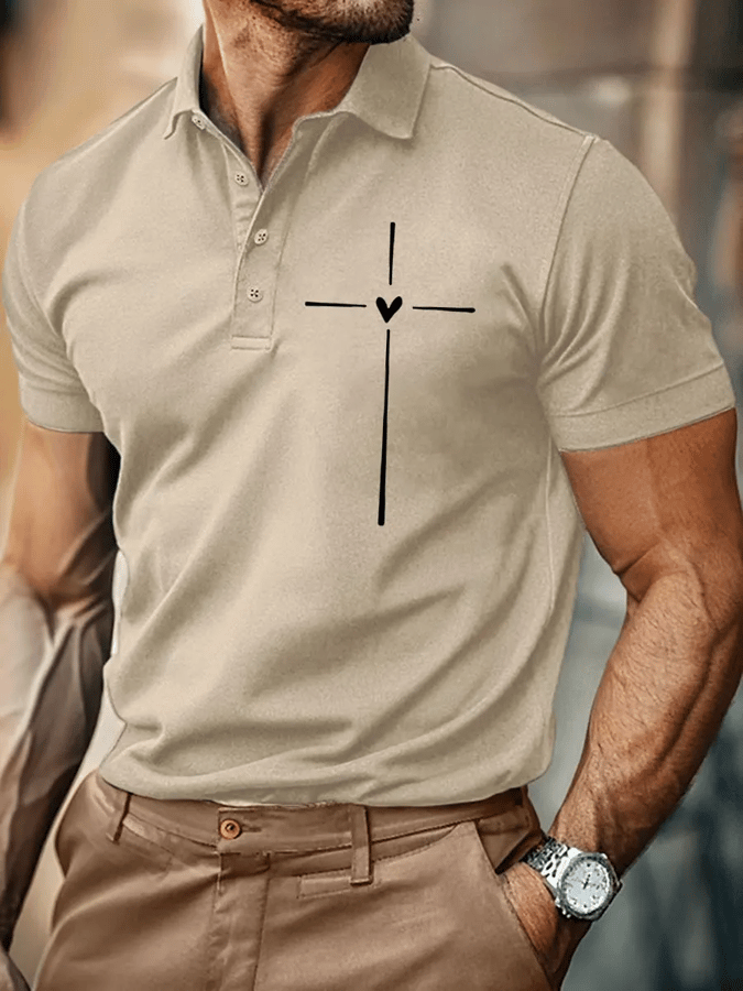 Men's Retro Faith Cross Print Polo Shirt