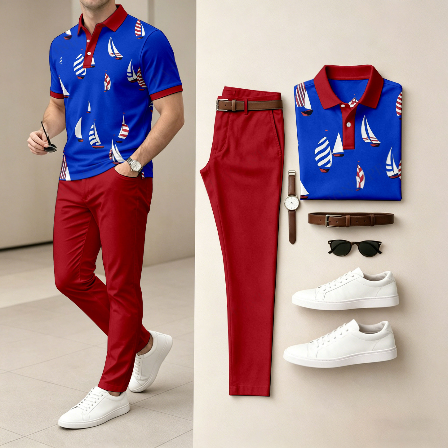 Men's Casual Blue-Based Boat Print Short-Sleeve Polo Shirt And Pants Set (Excludes Accessories Such As Watches And Belts)