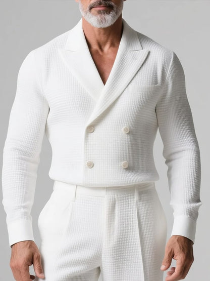 Men's Business Waffle Pattern Peak Lapel Double Breasted Long Sleeve Shirt