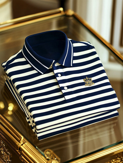 Men's Business Casual Striped Logo Button Short Sleeve Polo Shirt