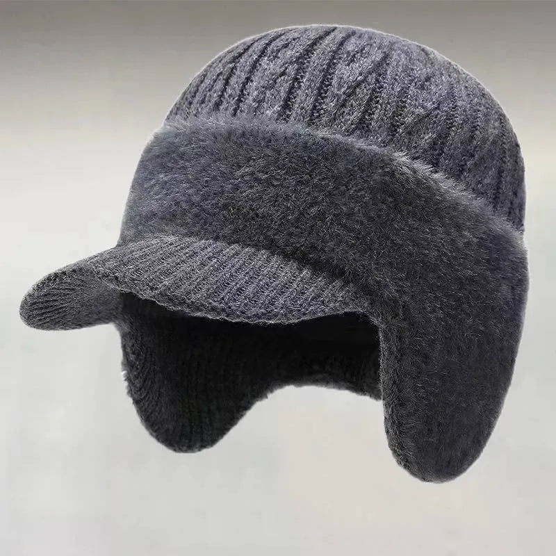 Men's Solid Color Cable Knit Short Brim Built-in Plush Ear Flaps Trapper Hat