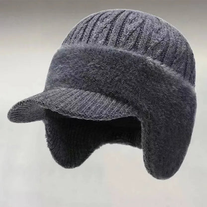 Men's Solid Color Cable Knit Short Brim Built-in Plush Ear Flaps Trapper Hat