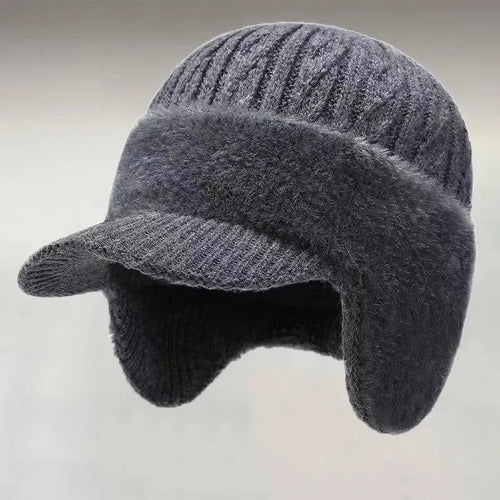 Men's Solid Color Cable Knit Short Brim Built-in Plush Ear Flaps Trapper Hat