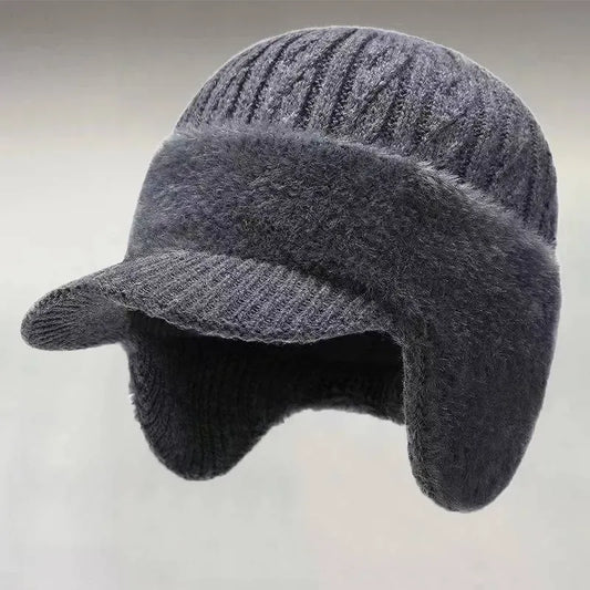 Men's Solid Color Cable Knit Short Brim Built-in Plush Ear Flaps Trapper Hat