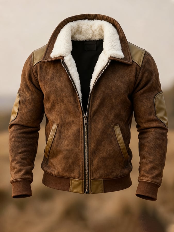 Men's Vintage Warm Suede Stitching Fur Lapel Western Jacket