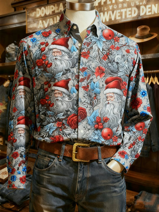 Men's Business Floral Christmas Evergreen Print Long-Sleeve Shirt