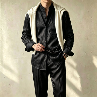Men's Casual Solid-Color Printed Stand-Collar Long-Sleeve Shirt and Pants Two-Piece Set