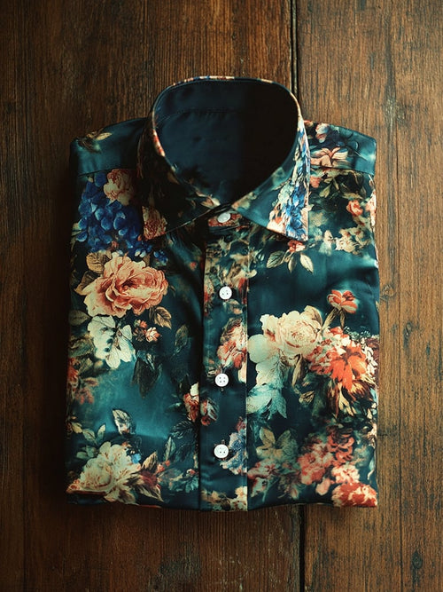 Men's Business Casual Dark Watercolor Floral Lapel Short Sleeve Shirt
