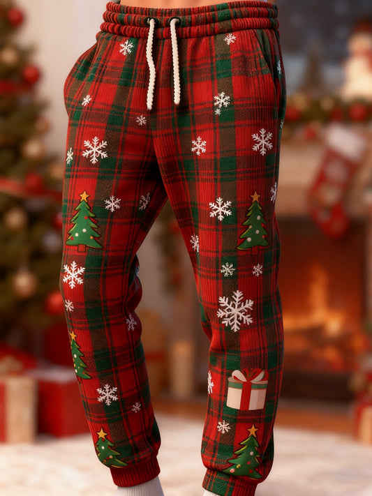 Men's Christmas Evergreen Snowflake Plaid Corduroy Trousers