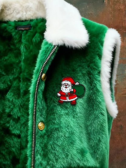 Men's Retro Plush Patchwork Christmas Sleeveless Vest Jacket (with Detachable Brooch Design)
