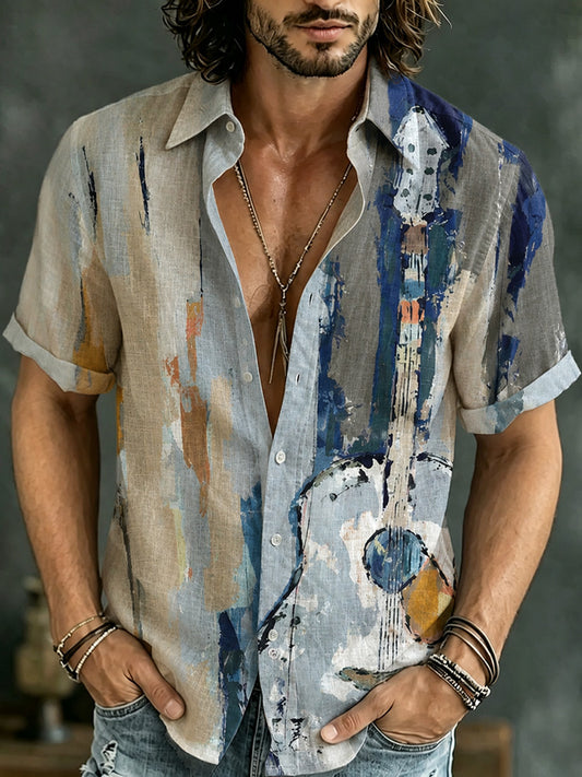 Men's Retro Hippie Pattern Short-sleeve Cotton Linen Shirt