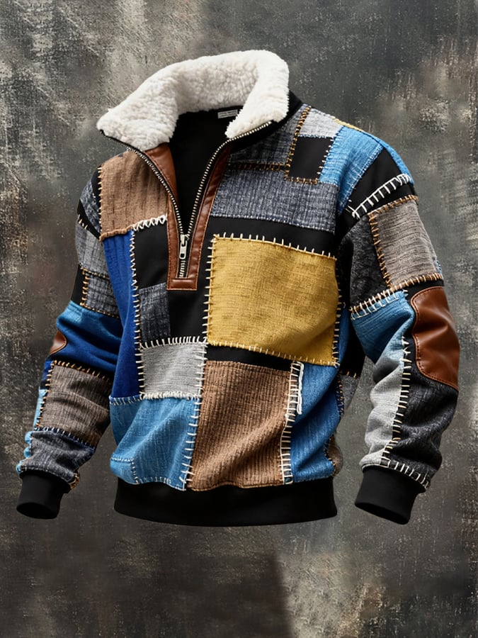 Men's Retro Color Block Print Casual Fur Collar Long Sleeve Sweatshirt