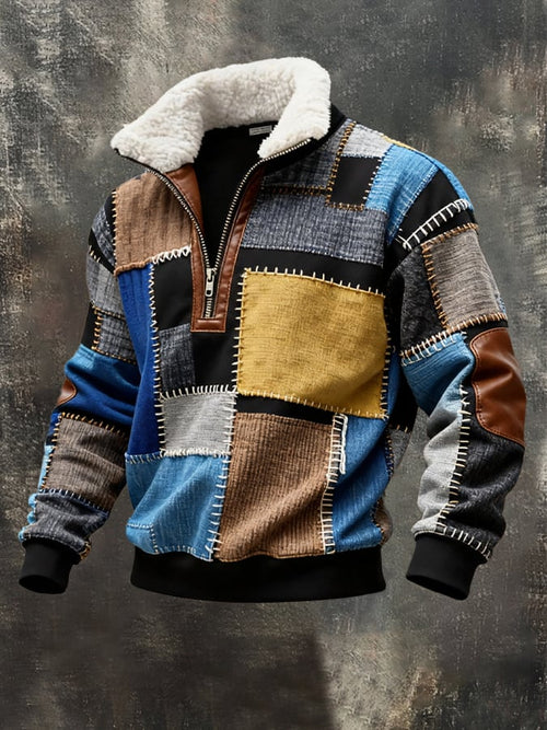 Men's Retro Color Block Print Casual Fur Collar Long Sleeve Sweatshirt