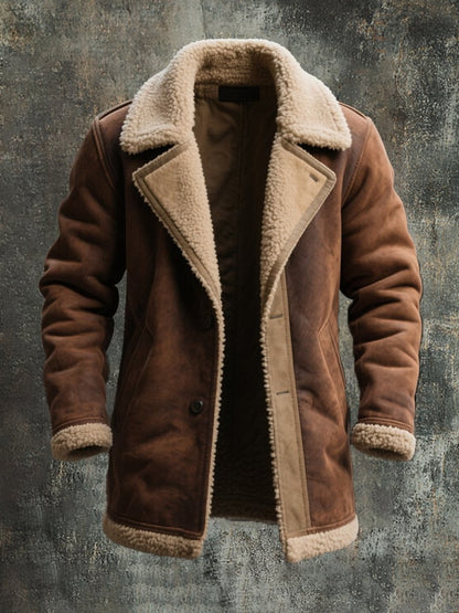 Men's Vintage Suede Colorblock Lambswool Lapel Mid-Length Jacket