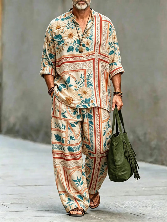 Men's Vintage Abstract Art Printed Cotton Shirt Set (Top & Pants)