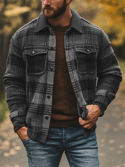Men's Casual Plaid Long Sleeve Shirt Jacket