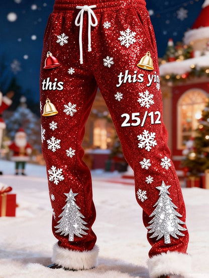 Men's Christmas Patchwork Furry Sequin Print Casual Pants