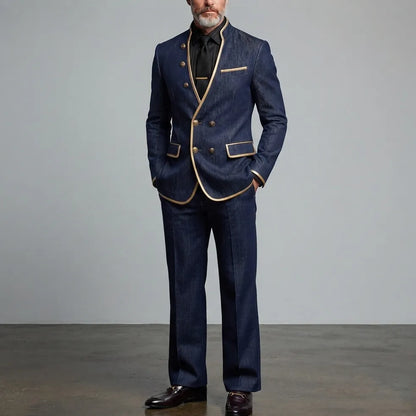 Men's Navy Blue Denim Contrast Piping Stand Collar Double-Breasted Jacket
