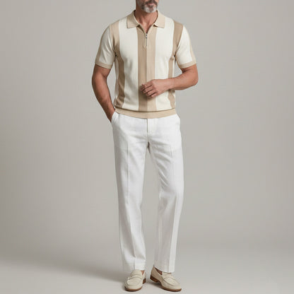 Men's Business Casual Colorblock Half Zipper Slim Knitted Polo Shirt