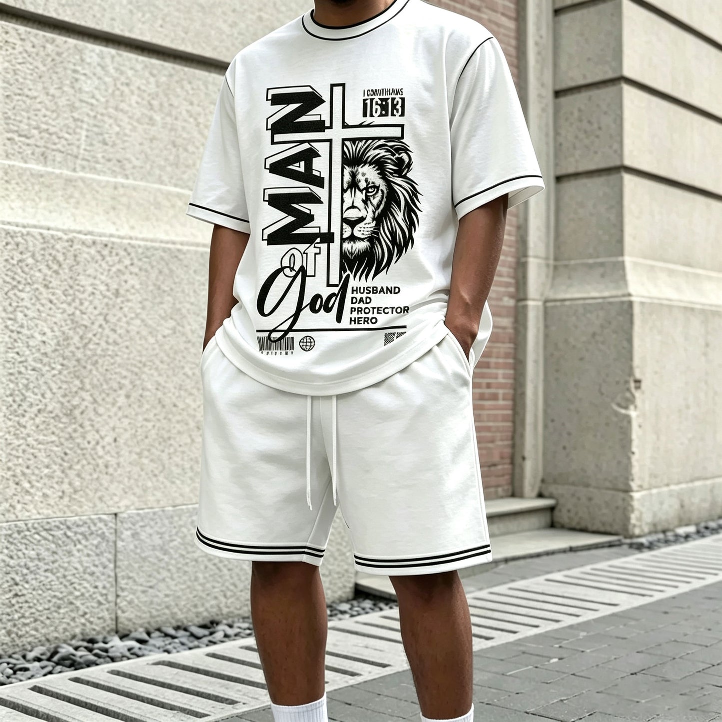Men's Casual Letter-Printed Lion-Patterned Round-Neck Short-Sleeve T-Shirt and Shorts Two-Piece Set