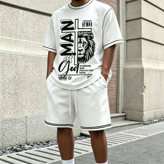 Men's Casual Letter-Printed Lion-Patterned Round-Neck Short-Sleeve T-Shirt and Shorts Two-Piece Set