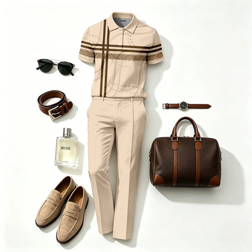 Men's Casual Horizontal and Vertical Cross-Patterned Short-Sleeve Polo Shirt and Long Pants Two-Piece Set (Does Not Include Accessories Such As Watches Or Glasses)
