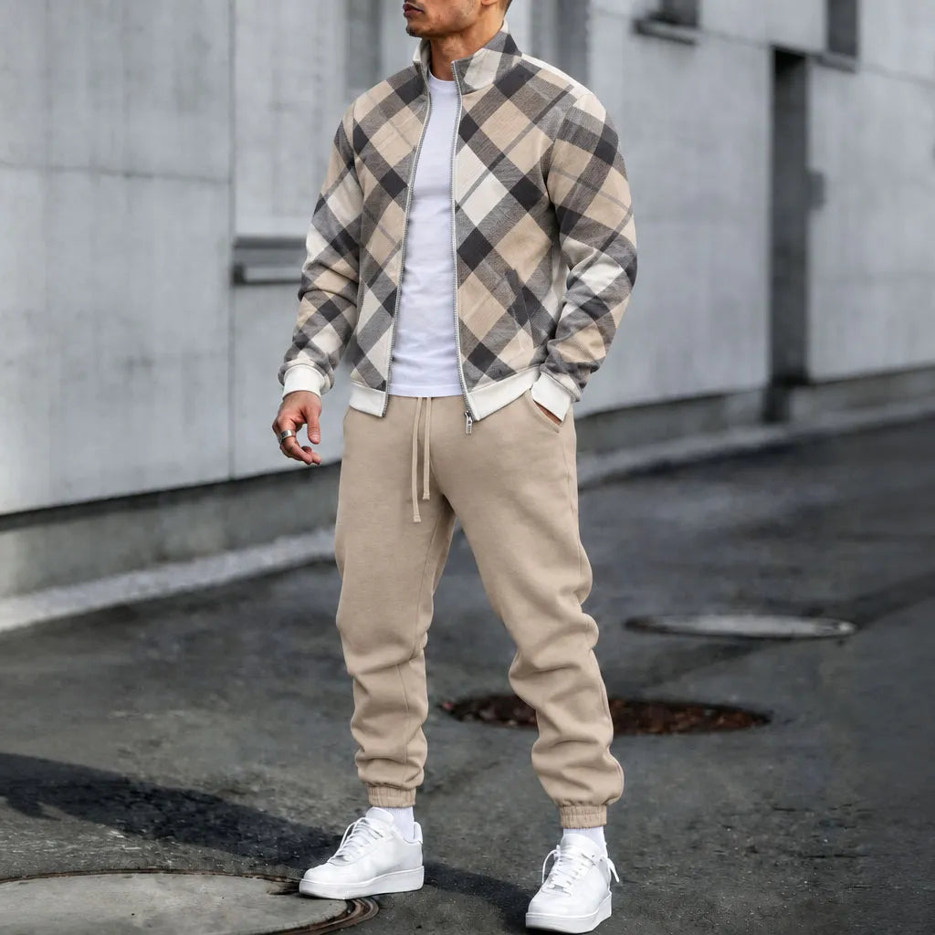 Men's Checkered Stand-Up Collar Jacket and Pants Set