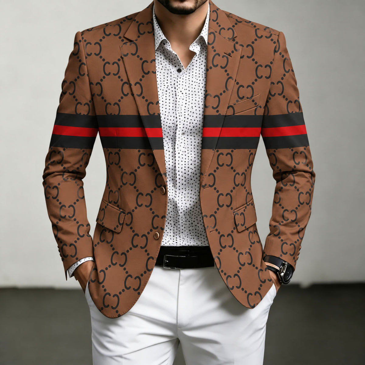 Men's Brown Geometric-Print Casual Blazer