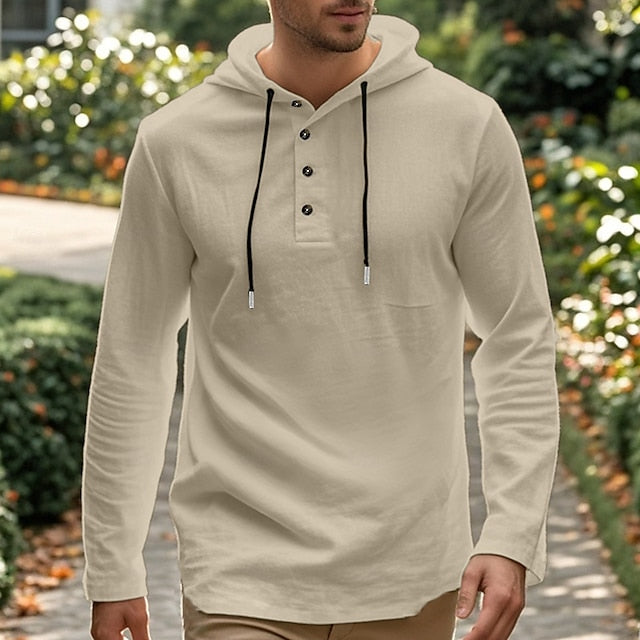 Men's Shirt Beach Wear Hooded Shirt Solid / Plain Color Street Going out Black White Khaki Gray Long-Sleeve Hooded Summer Clothing Apparel Adjustable Drawstring Hood