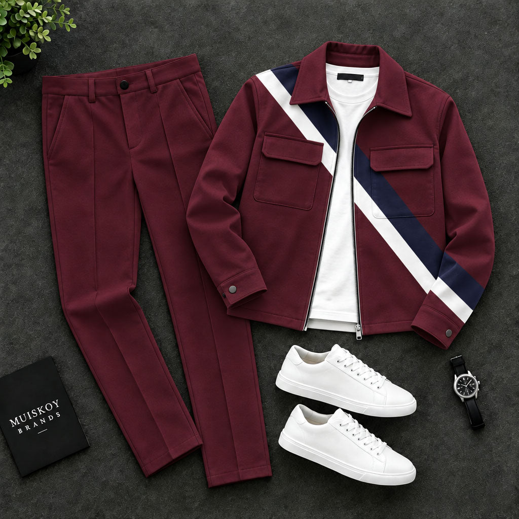 Men's Burgundy Lapel Jacket and Pants Two-Piece Set