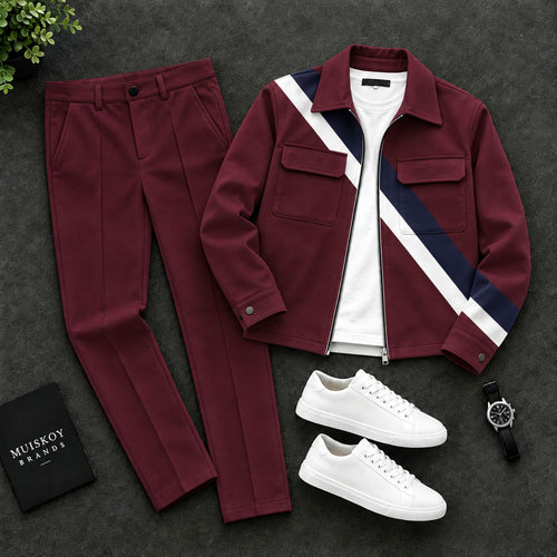 Men's Burgundy Lapel Jacket and Pants Two-Piece Set