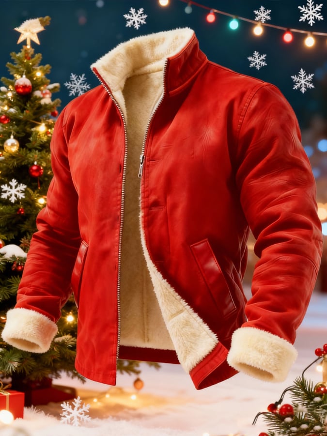 Men's Retro Leather Fleece-Lined Warm Christmas Outdoor Jacket