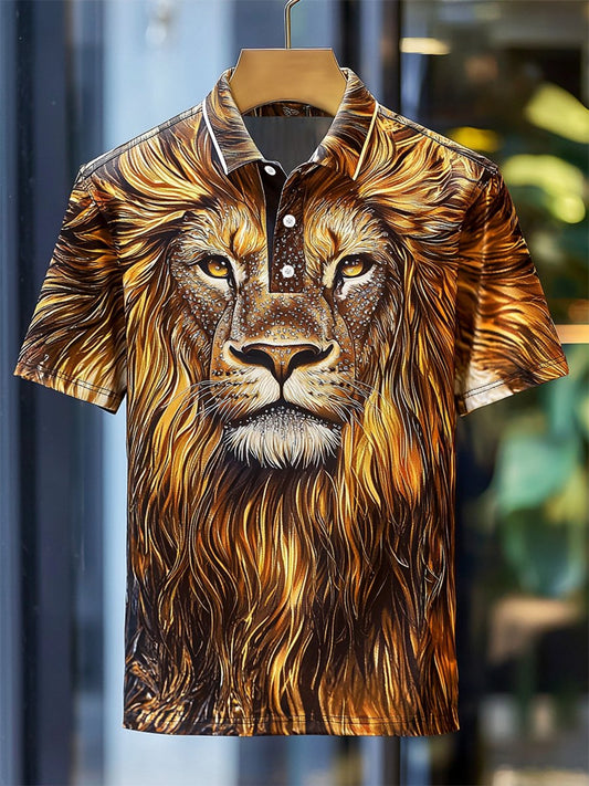 Men's Business Casual Lion Print Button Short Sleeve Polo Shirt