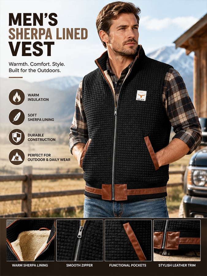 Men's Retro Leather-Panelled Insulated Outdoor Hooded Vest