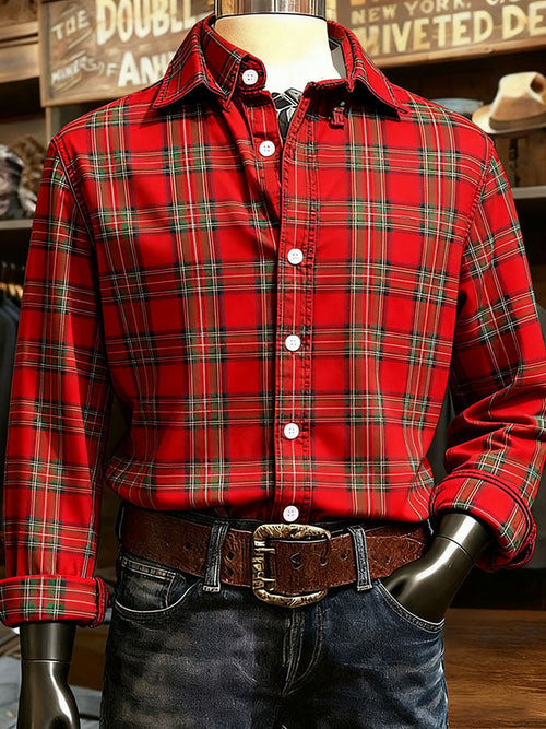 Men's Christmas Plaid Print Long Sleeve Casual Shirt