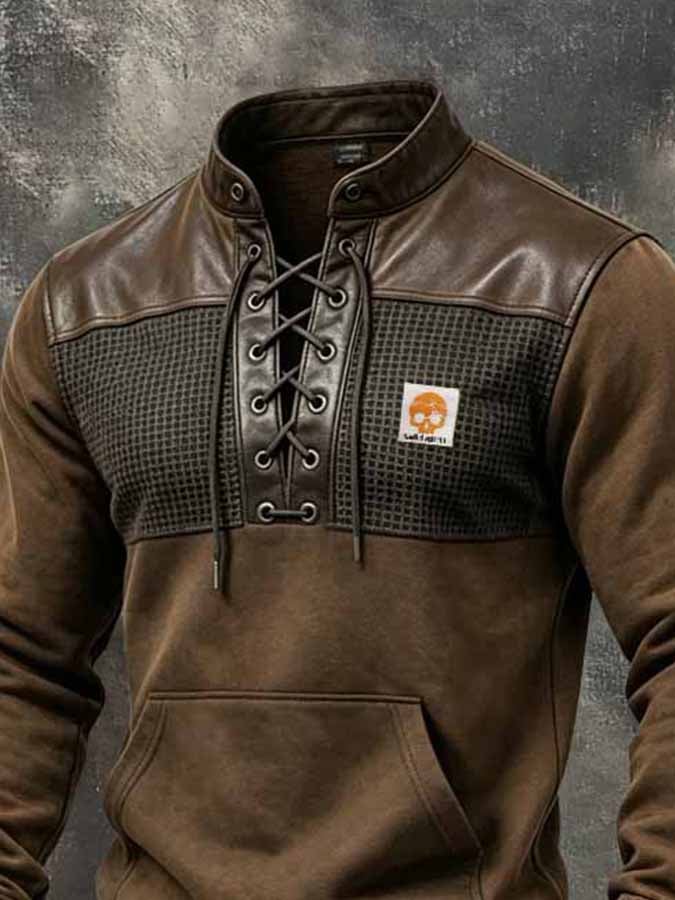 Men's Retro Paneled Leather-Detail Lace-Up Sweatshirt