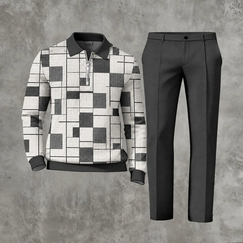 Men's Printed Zipper Polo Shirt and Pants Set