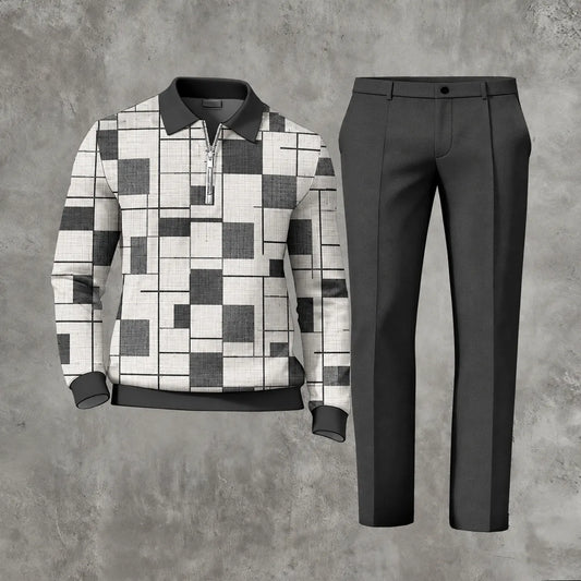 Men's Printed Zipper Polo Shirt and Pants Set