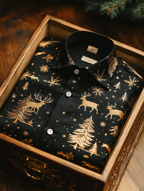 Christmas Men's Business Luxury Elk Print Long Sleeve Shirt