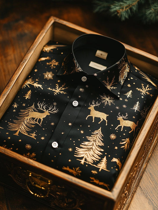 Christmas Men's Business Luxury Elk Print Long Sleeve Shirt