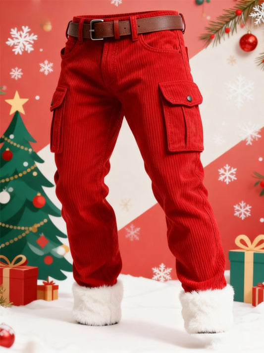 Men's Retro Corduroy Patchwork Plush Christmas Work Pants